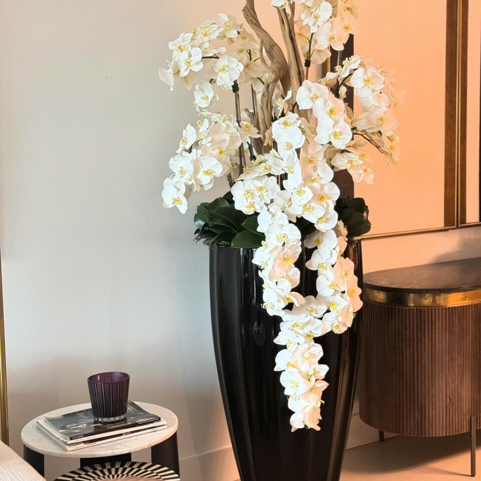 Glänzend schwarze San José Vase mit weißer Orchideenkaskade