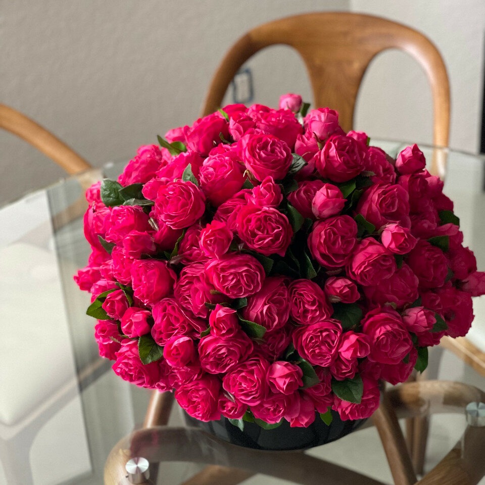 Dunkelrosa englische Rosen in einer schwarzen Glasvase