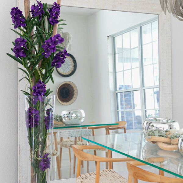 Lila Vanda-Orchideen und Treibholz in einem konischen Glaszylinder