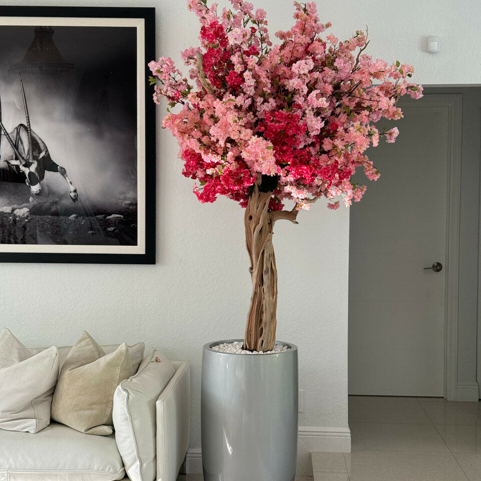 Lissabon-Vase in glänzendem Silber mit personalisierter dreifarbiger rosa Kirschblüte