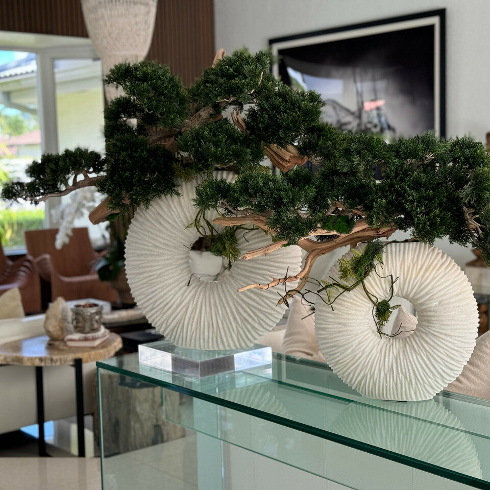 Große Ewigkeitsvase mit hängendem Bonsai und Treibholz