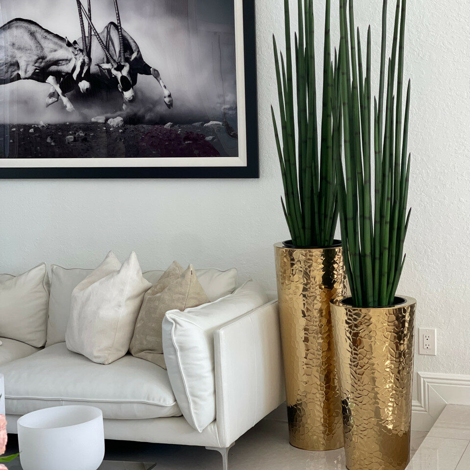 Konische Vase aus goldenem Edelstahl mit großer Schlangengraspflanze