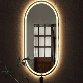 Ovaler, sandgestrahlter Spiegel mit warmen LEDs beleuchtet - 60x150cm Holz Glas Oval